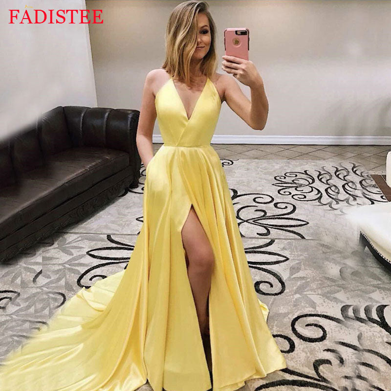 Homecoming Dresses: V-neck Prom Dresses Formal Simple Satin Evening Dresses