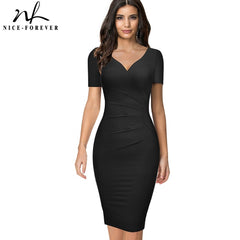 Nice-forever Summer Women Elegant Pure Color Office Dresses Formal Business