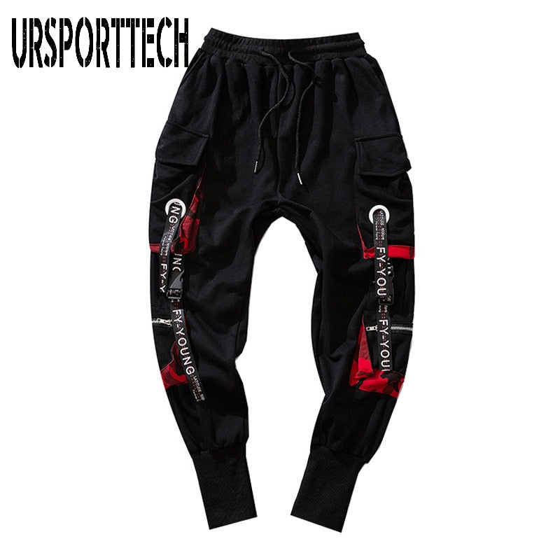 Hip Hop Joggers Men Letter Ribbons Cargo Pants Pockets Track Tactical Casual