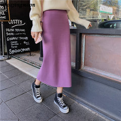 High Elastic Waist Women Long Skirt Knitted Pencil Skirt Wool Autumn Split Skirts