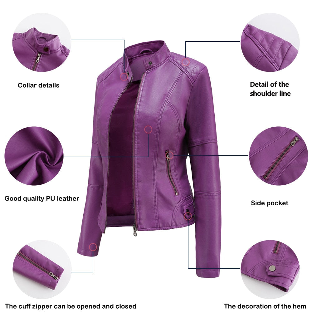 Women Leather Jacket Spring Autumn Black PU Leather Coat Stand-up
