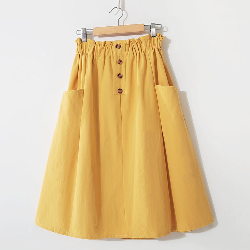 Women Summer Skirt Spring Korean Style Casual Solid High Waist  A-Line Midi Skirts