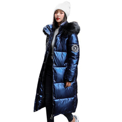 women X-long oversize blue down jackets thick casual with fur epaulet