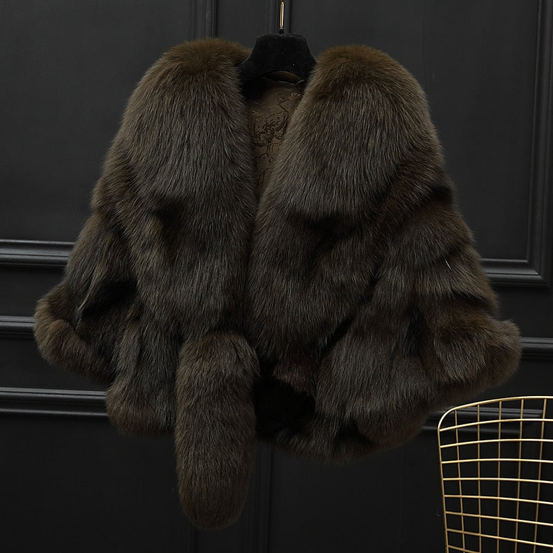 Winter Cloak Warm  Women Cardigan big real Fox Fur Collar Cape Fashion Solid