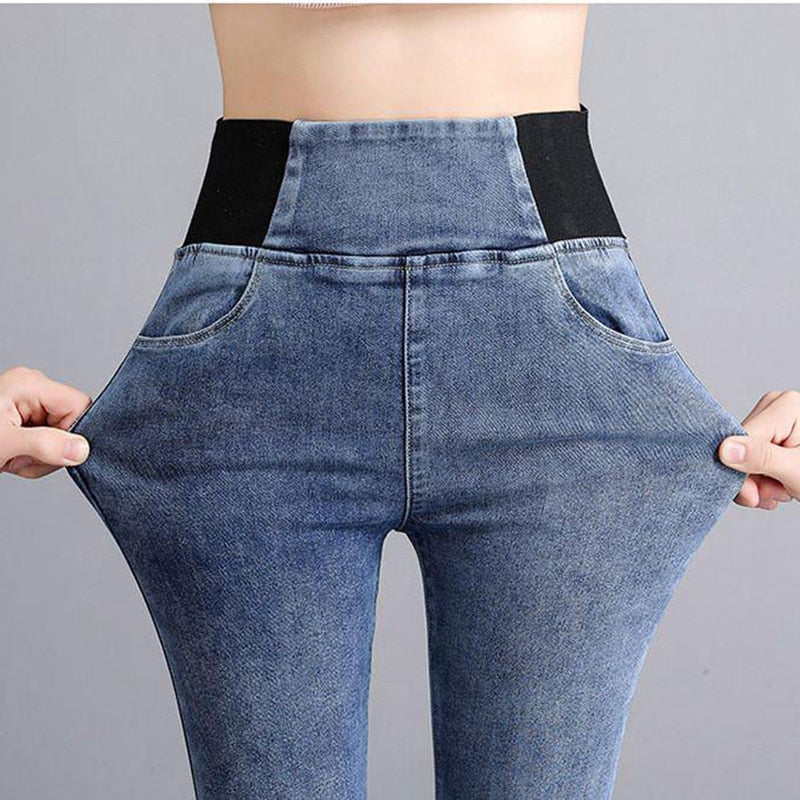 Vintage High waist skinny denim pencil pants Women's large size casual