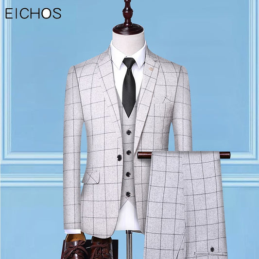 Men Suit Fashion Plaid Slim Fit Mens Suits Wedding Groom