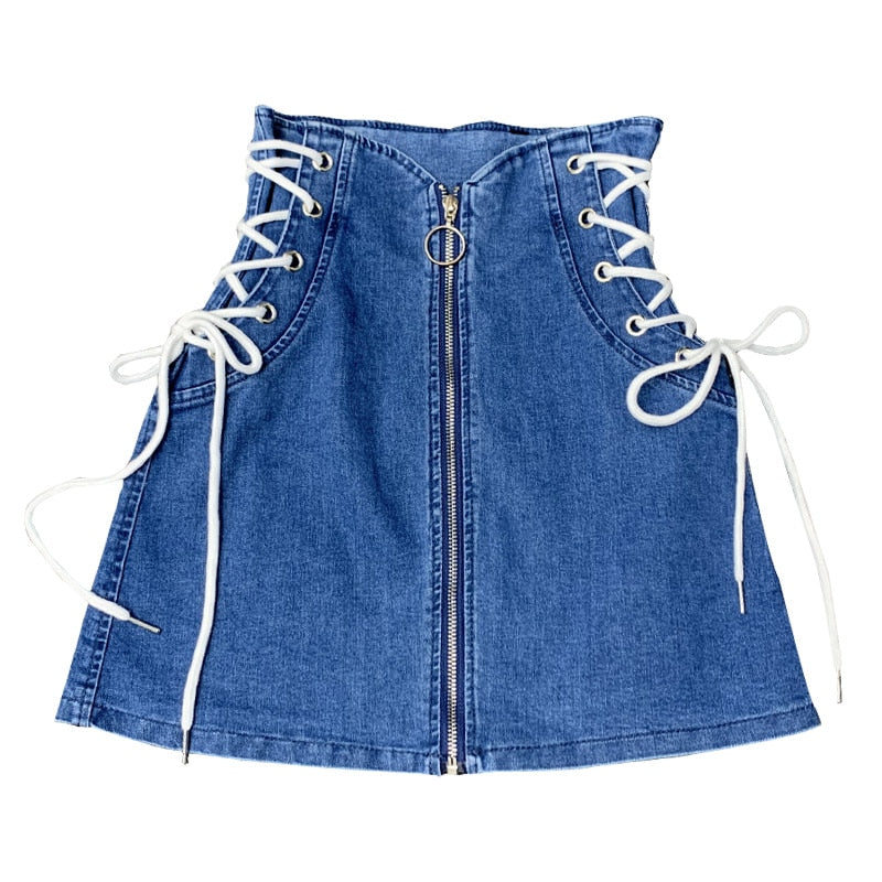 Denim A-line lace-up skirts women front ring zipper fashion empire mini skirt bottoms women