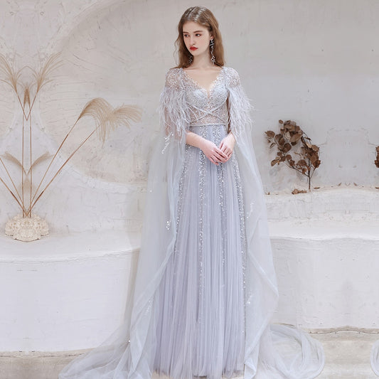 Evening wear Dresses: Evening Dresses with Detachable Shawl Silver Grey