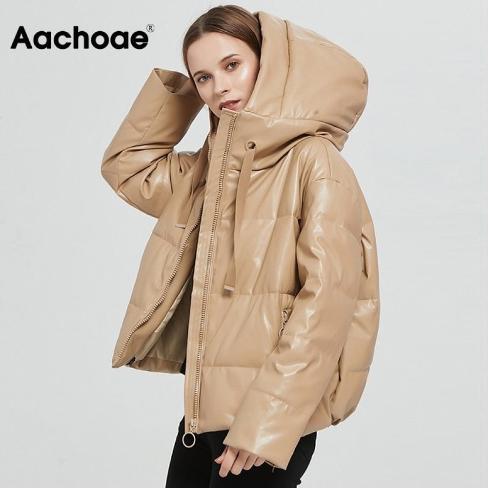 Women Thick Warm PU Faux Leather Padded Coat Winter Zipper