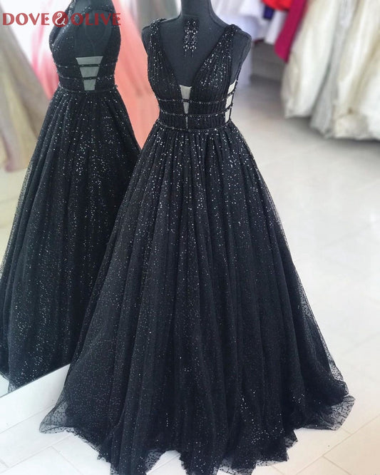 Homecoming Dresses: Black Long A-Line Beaded Prom Dresses Elegant Women