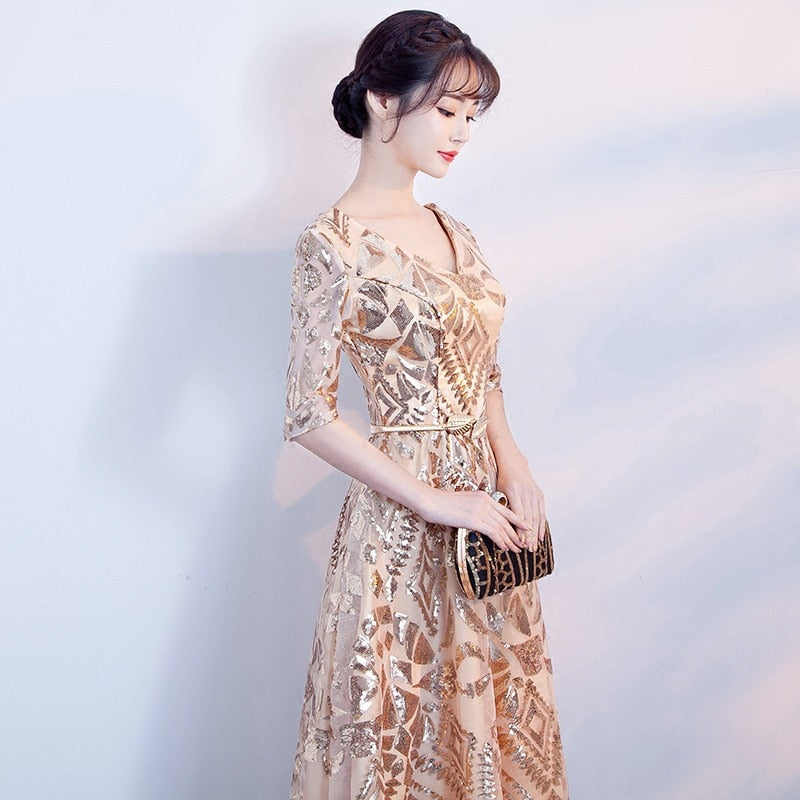 Evening wear Dresses: Women Banquet A- Line Dresses Slim V-Neck Host Formal Gown