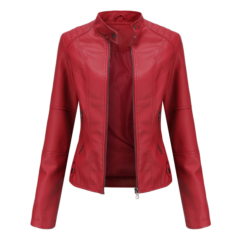 Women Leather Jacket Spring Autumn Black PU Leather Coat Stand-up