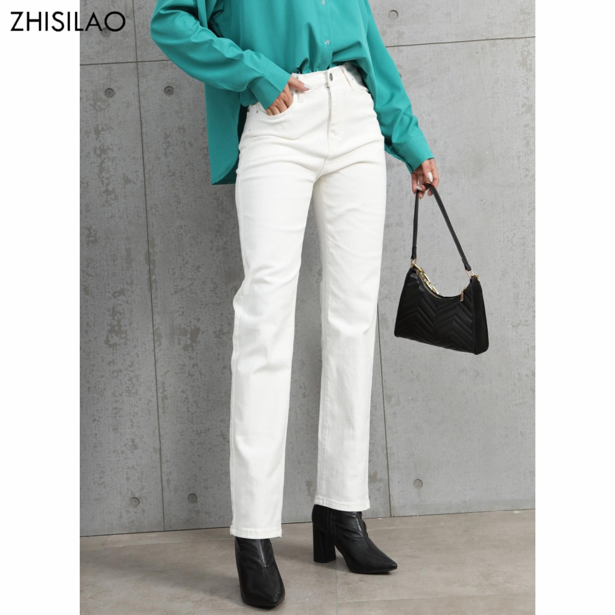 White Jeans Women Vintage Stretch High Waist Straight Wide Leg Denim