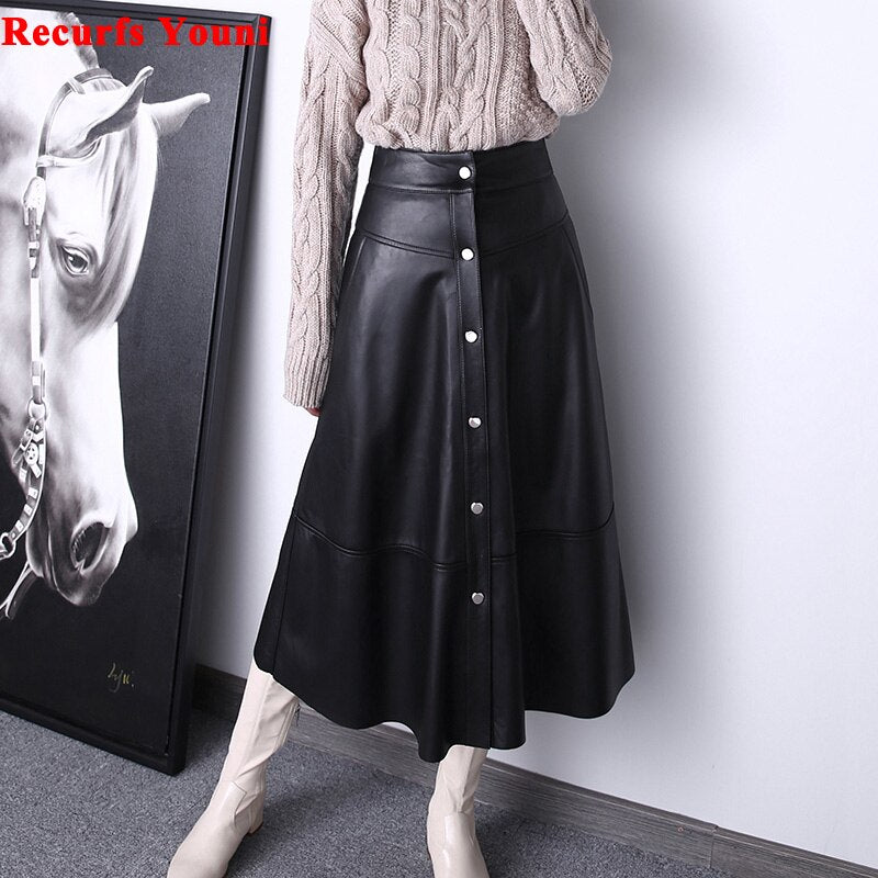Women Maxi Skirt Femme Genuine Leather Side Pocket Buttons A-line