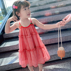 Summer Girls Dress Sweet Strawberry Net Yarn Suspender Dress Baby Kids Clothes