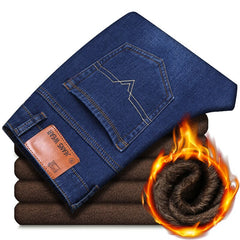 Classic Men'S Regular Fit Fleece Jeans Business Fashion Loose Casual