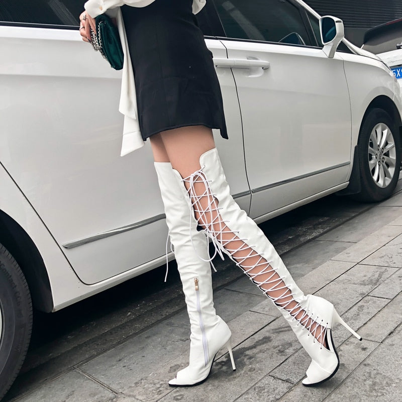 knee high boots hollow out summer boots ribbon lace up thigh high boot