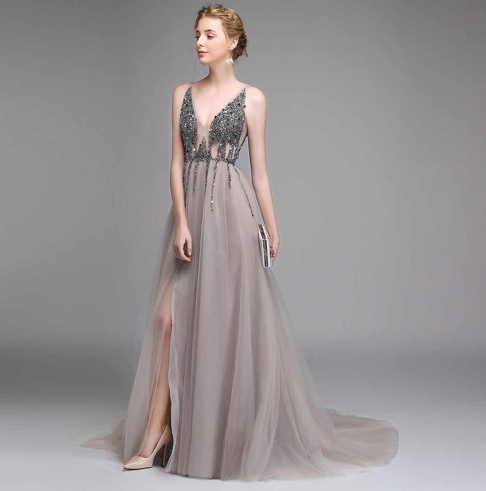 Evening wear Dresses: Evening Dress V-neck Backless Beading Tulle Long Prom Gown
