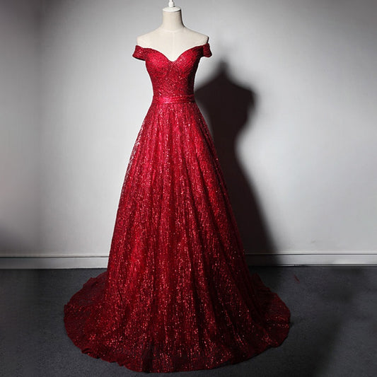 Evening wear Dresses: Beauty-Emily V Neck Off The Shoulder Evening Dresses