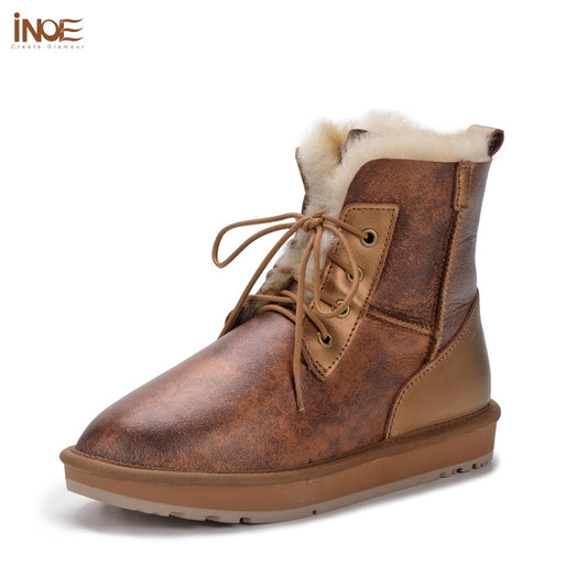 Leather Natural Sheep Wool Fur Lined Casual Ankle Winter Snow Boots for Women