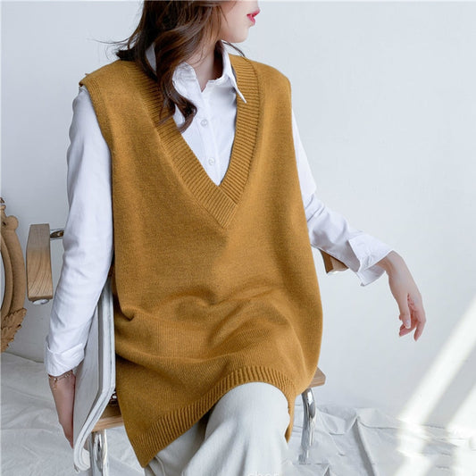 V-neck Solid Color Seelveless Knit Sweater Streetwear Fashion Loose Wild