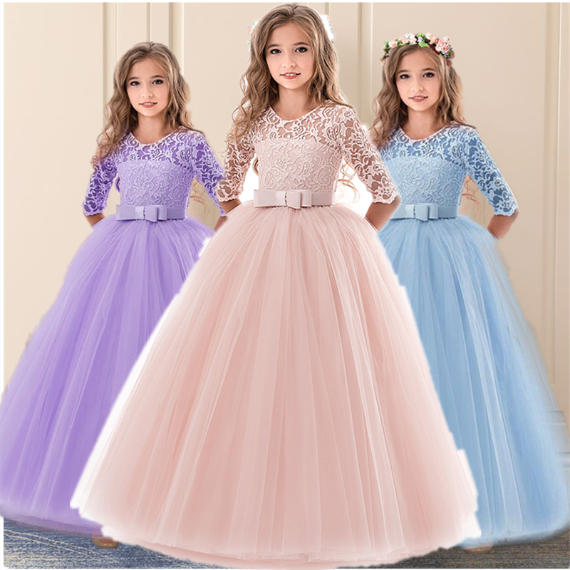 Vintage Flower Girl Princess Dress For Weddings Summer Kid Formal Bow Long