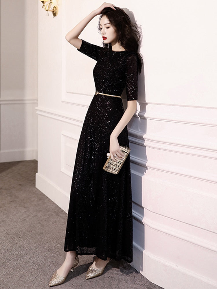 Evening wear Dresses: Black Long Evening Dresses Elegant O Neck  A Line Formal Dress