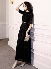 Black Long Evening Dresses Elegant O Neck  A Line Formal Dress