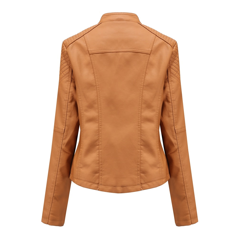 Women's Leather Jacket Slim Turn-down Collar Short PU Leather Jacket