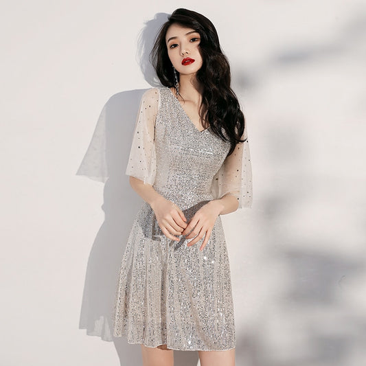 Homecoming Dresses: Elegant silver Prom Dresses Prom Dress Short V Neck sequin short