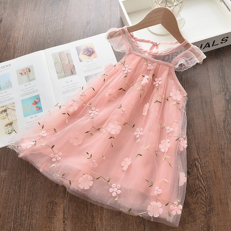 Girls Dress Strap Hollow Embroidery Casual Sleeveless Party Princess Dress