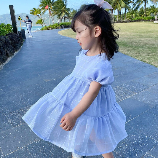 Summer Girls Dress Sweet Style Plaid Light Color Puff Sleeve Princess Dress