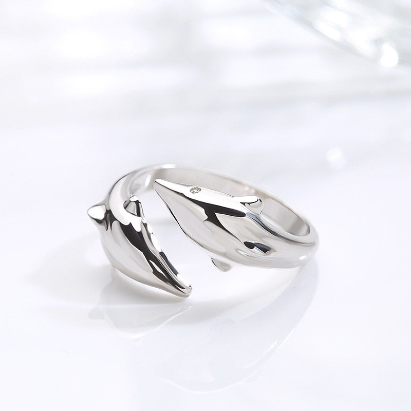 Simple Fashion Silver Color Feather Dolphin Adjustable Ring Exquisite Jewelry