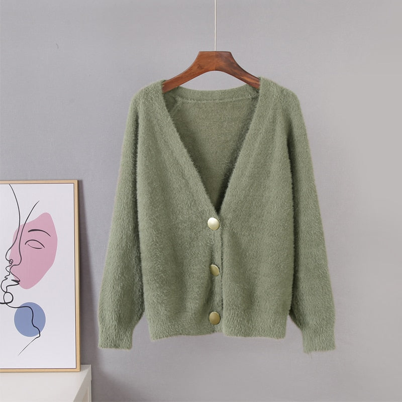 Elegant Long Sleeve Mohair Sweater Women Single-Breasted Female Short Cardigan