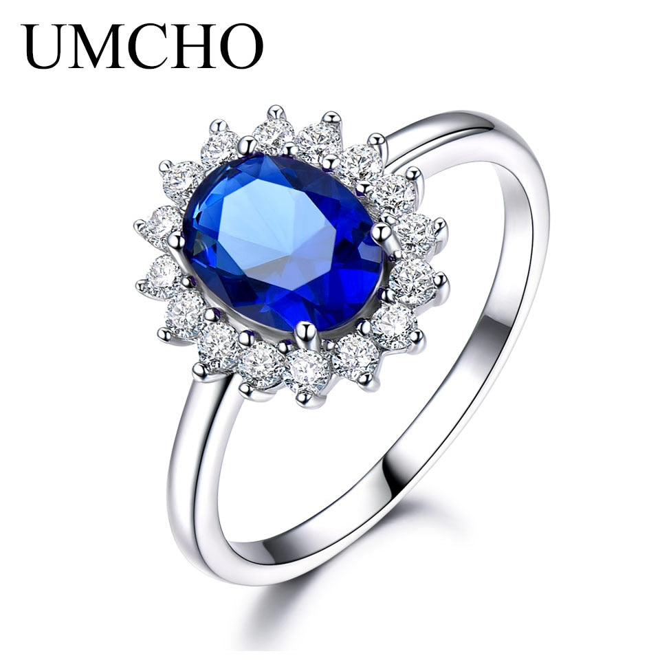 Luxury Blue Sapphire Princess Diana Rings for Women Genuine 925 Sterling