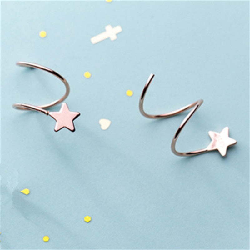 Genuine 925 Sterling Silver Pentagram Star Ear Bone Ear Buckle Rotating Wave Mini