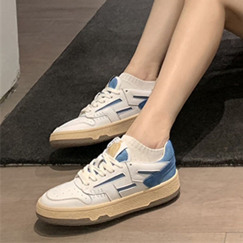 Sneakers Genuine Leather Shoes Woman Flat Lace up Shoes Round Toe