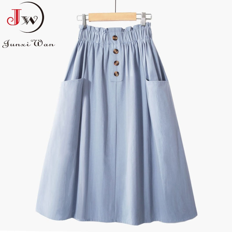 Women Summer Skirt Spring Korean Style Casual Solid High Waist  A-Line Midi Skirts