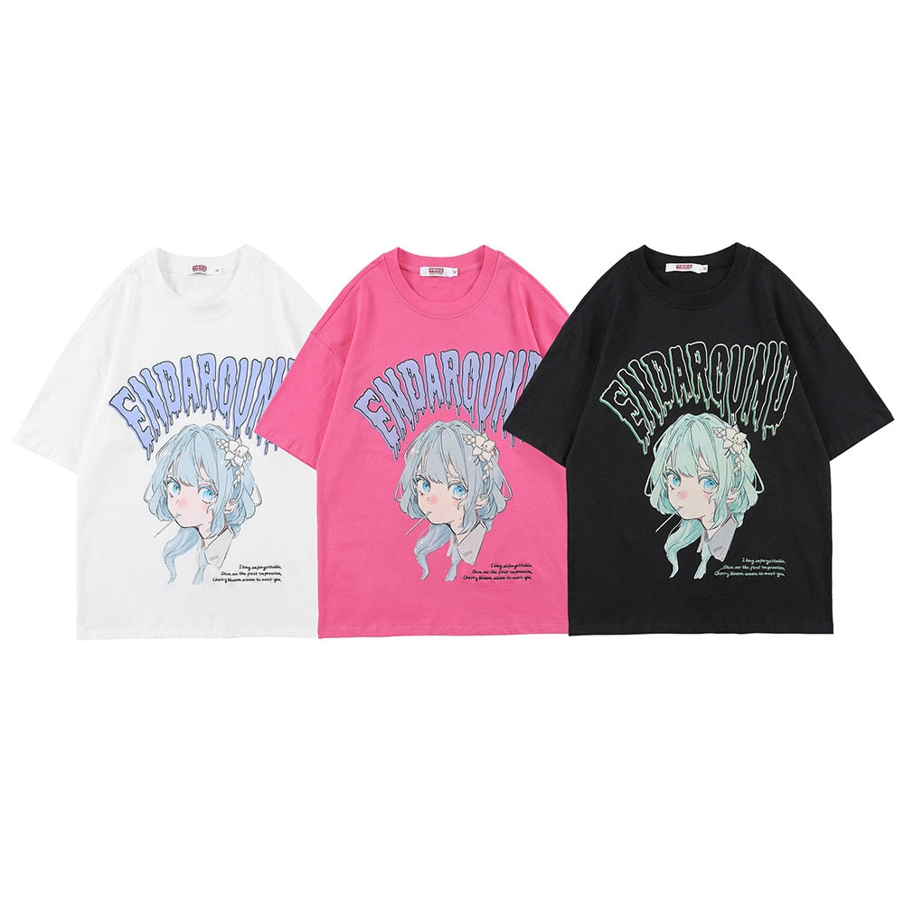 T-shirt Men Green Hair Girl Cartoon Anime Printed O-Neck  Streetwear