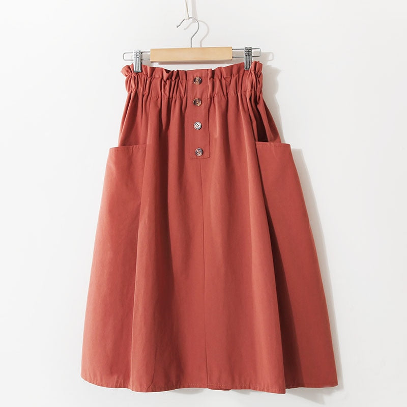 Women Summer Skirt Spring Korean Style Casual Solid High Waist  A-Line Midi Skirts