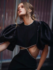 Women High Quality Black Short Sleeve Floor-length Backless Round Neck