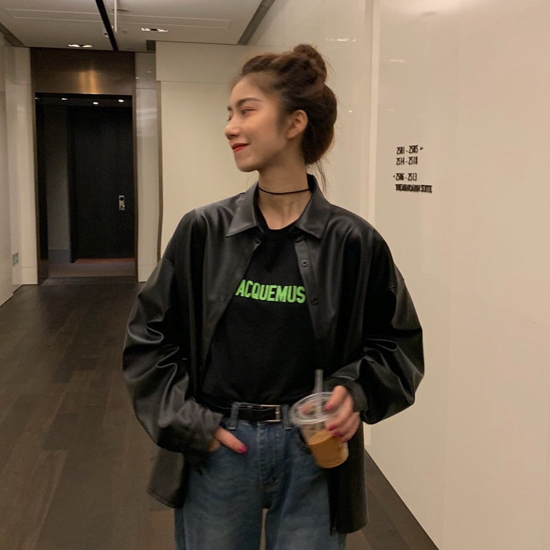 Women oversized PU leather blouses Spring Autumn Black