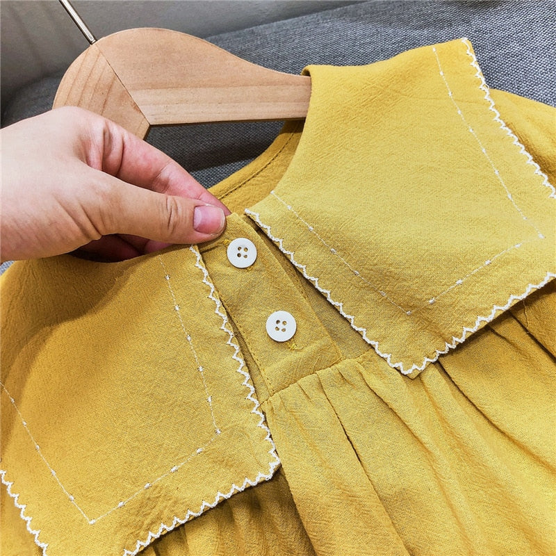 Girls Dress Autumn Big Lapel Sweet Long-Sleeved Dress Children Baby Kids