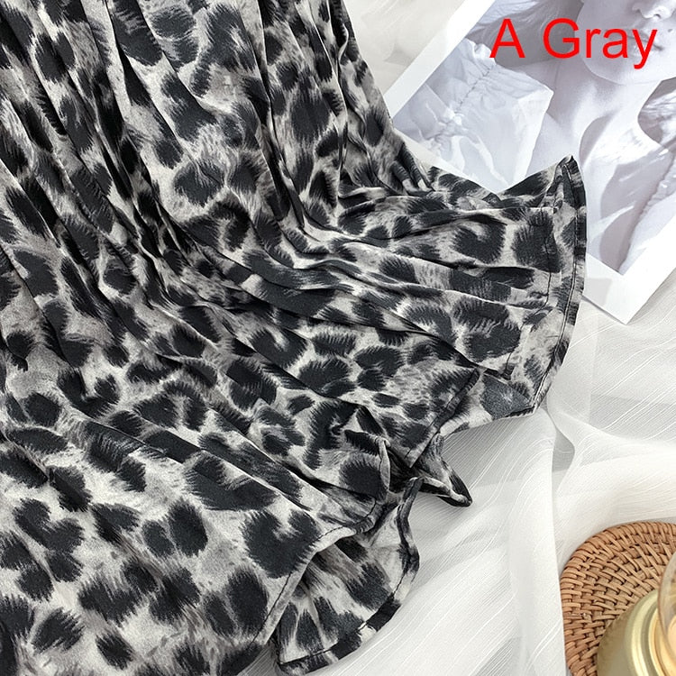 Fashion Elegant Vintage Leopard Print Pleated Skirt Elastic High Waist Long
