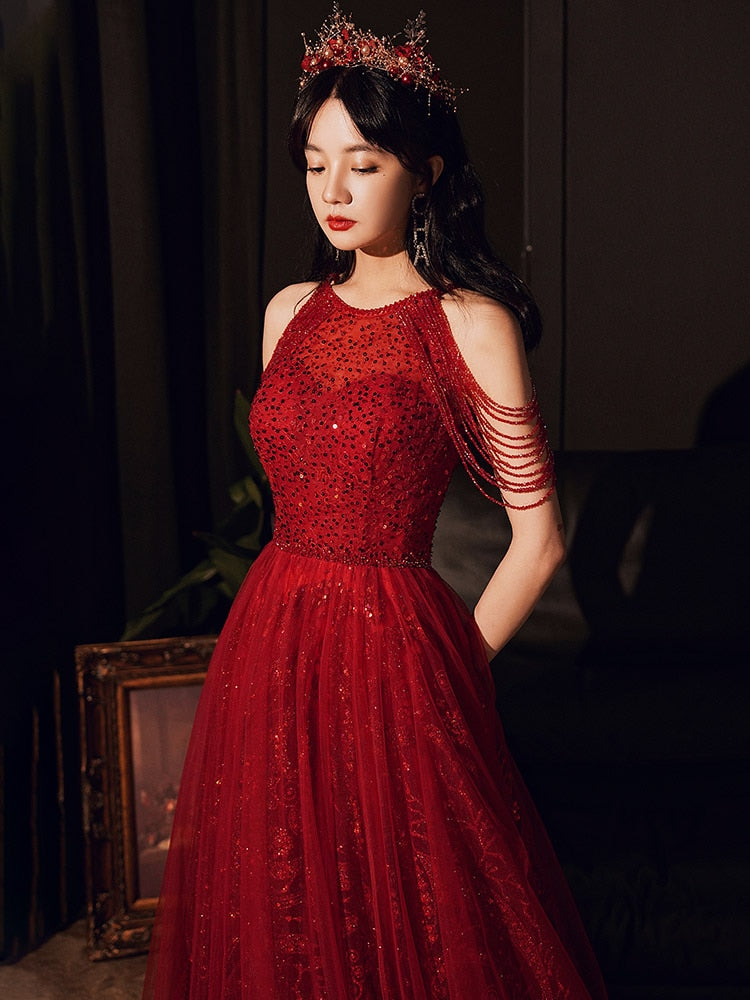 Evening wear Dresses: Sequins Evening Dress Banquet Elegant Halter Red