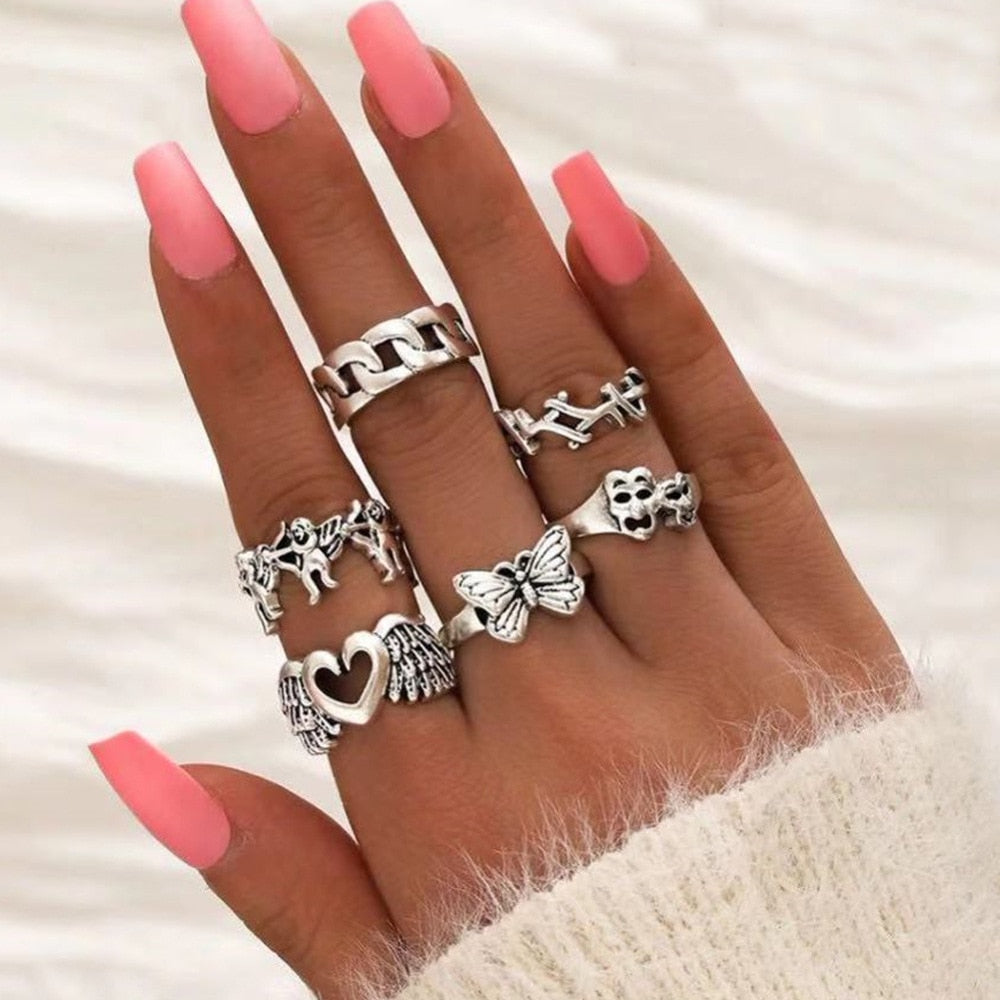 Vintage Boho Crystal Butterfly Rings Set For Women Zircon Leaves Stars