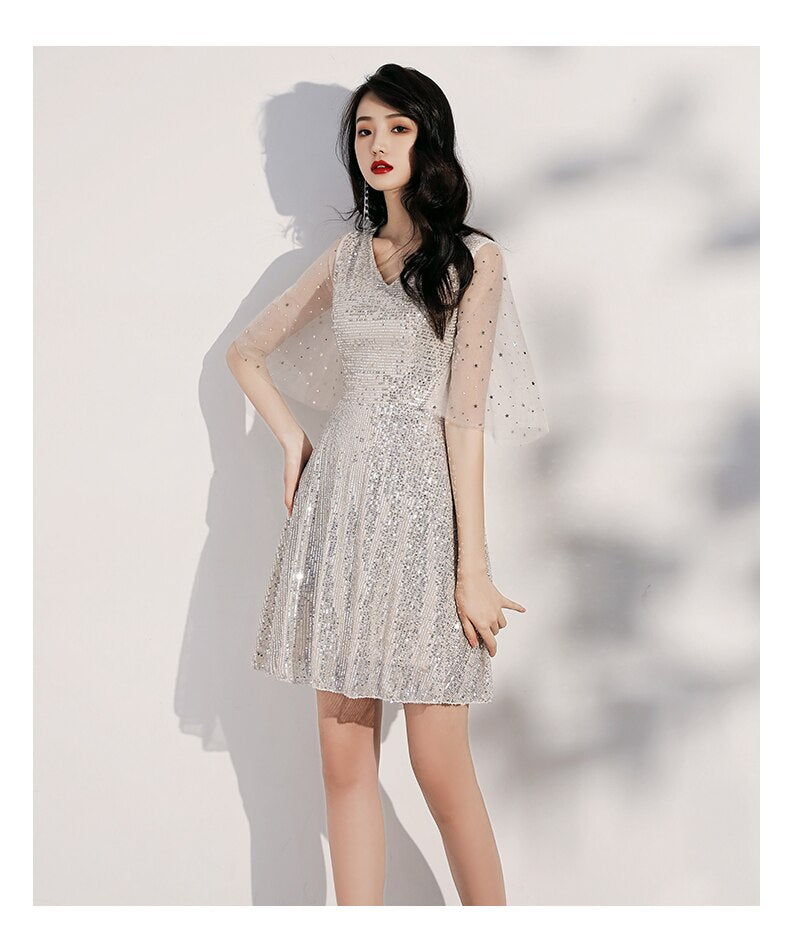 Homecoming Dresses: Elegant silver Prom Dresses Prom Dress Short V Neck sequin short