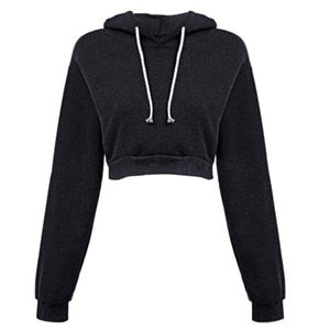 Women Hoodies Solid Crop Hoodie Long Sleeve Jumper Hooded Pullover