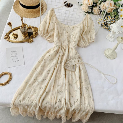Fairy Dress Women French Style Vintage Retro Chiffon Dress Puff Sleeve Casual
