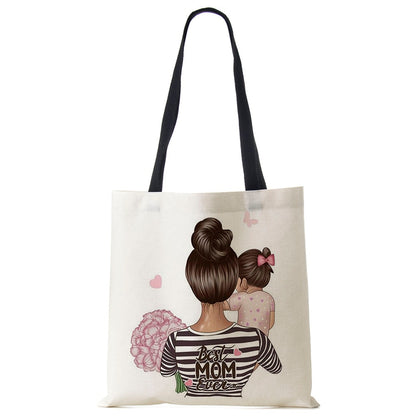 Cute Cartoon Super Mama Print Linen Tote Bag Reusable Shoulder Bags Mom